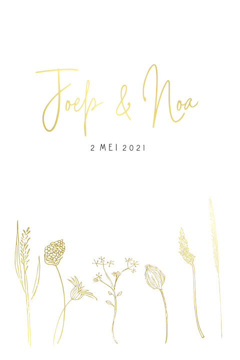 Chique trouwkaartje met veldbloemen in goudfolie