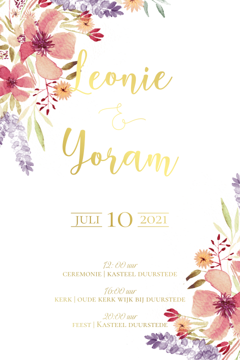Vrolijke trouwkaart met waterverf bloemen en goudfolie