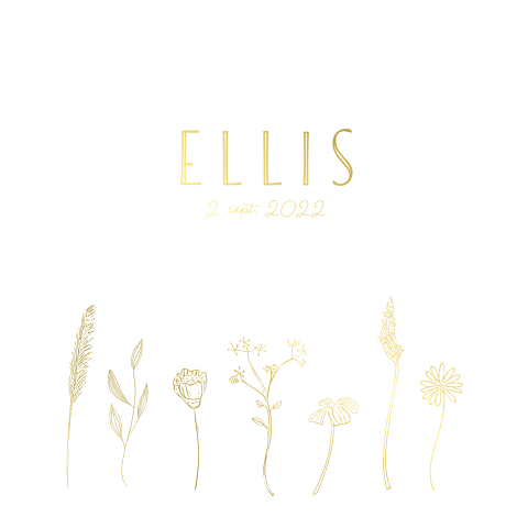 Lief geboortekaartje meisje met bloemen in goudfolie