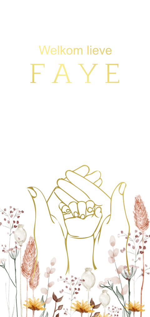 Lief geboortekaartje meisje met bloemen en goudfolie