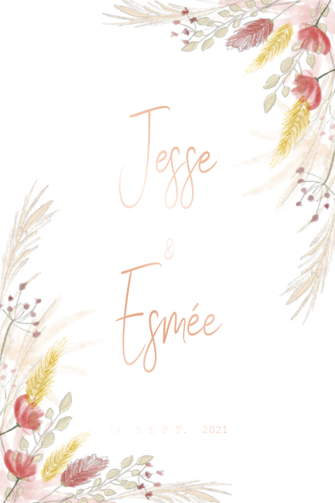 Chique trouwkaart met droogbloemen en folie