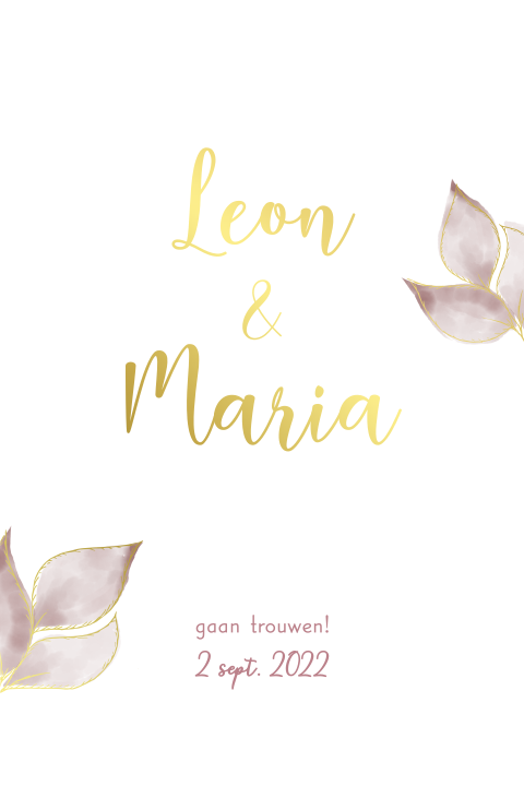 Chique trouwkaartje met goudfolie en roze takjes
