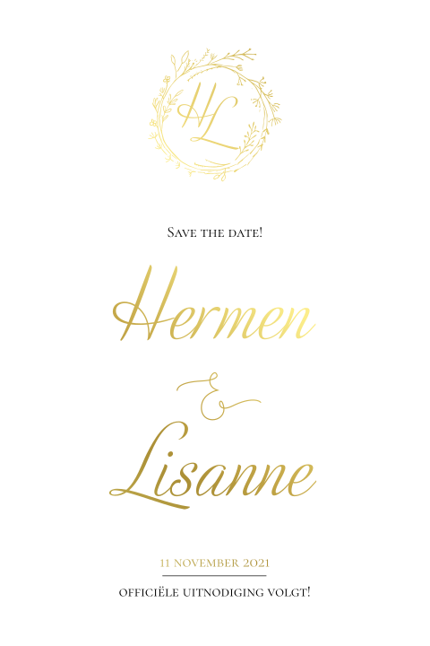 Minimalistische save the date in goudfolie met trouwlogo