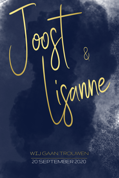 Blauw trouwkaartje met goudfolie