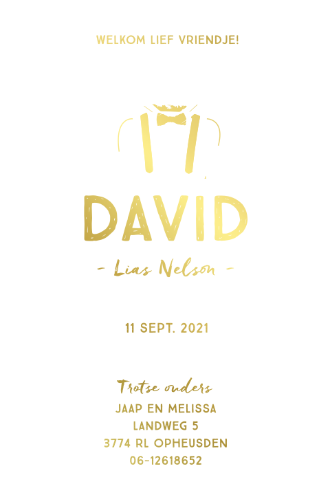 Stoer jongens geboortekaartje met goudfolie