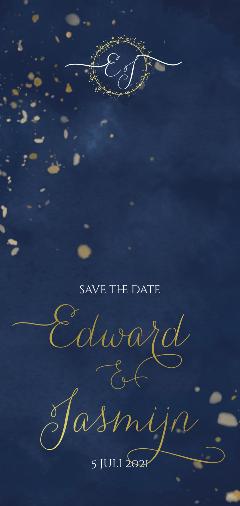 Save the date donkerblauw met goudfolie