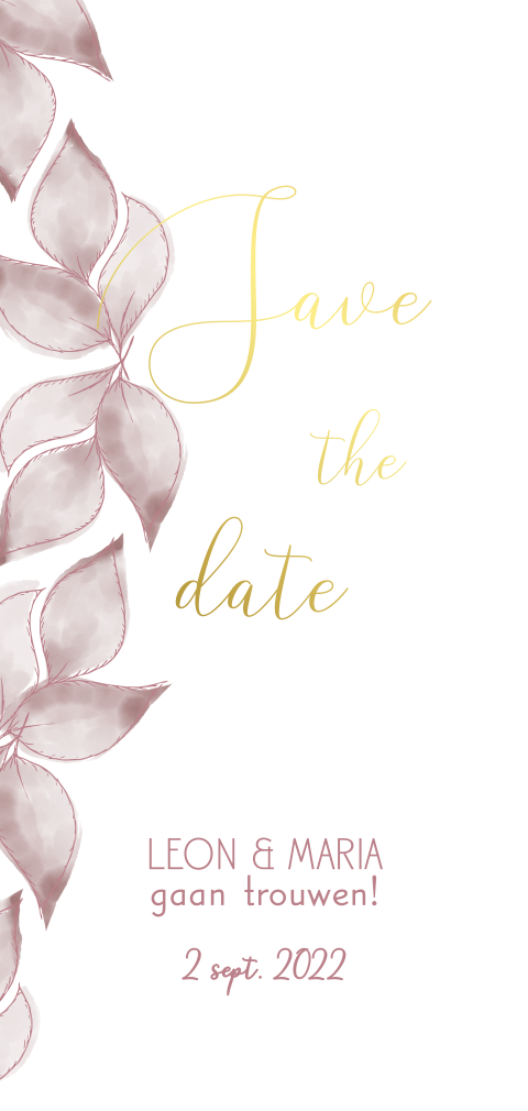 Roze met witte save the date met tekst in goudfolie