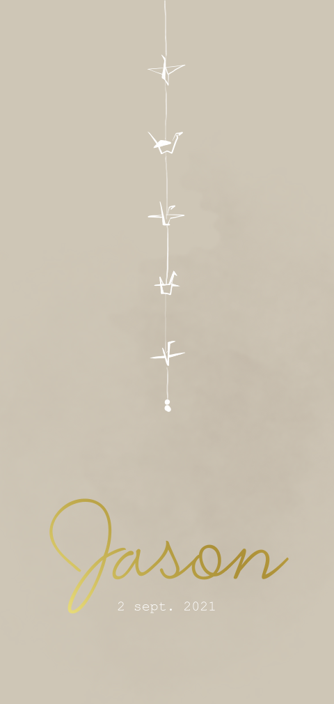 Lief geboortekaartje jongetje zandkleur met kraanvogelhanger