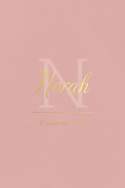 Lief geboortekaartje meisje met initiaal en goudfolie