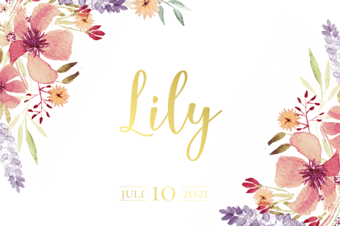 Liggend kaartje met waterverf bloemen en goudfolie