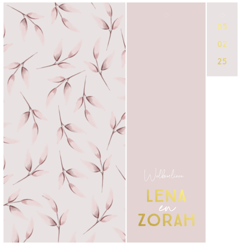 Tweeling labelkaart roze meisje met takjes