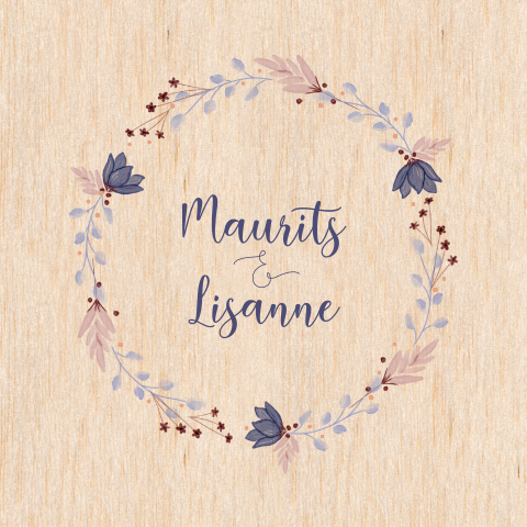 Houten trouwkaart met bloemen in dusty blue en roze