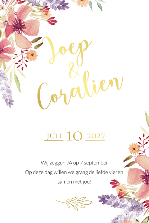 Trouwkaart met watercolour bloemen