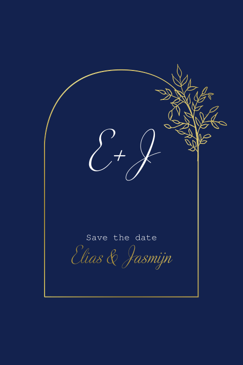 Donkerblauwe save the date met initialen en goudfolie
