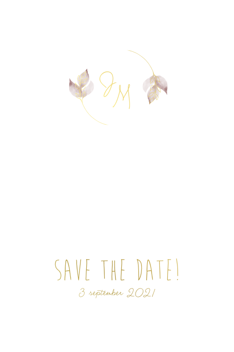 Vrolijke chique save the date met goudfolie en trouwlogo
