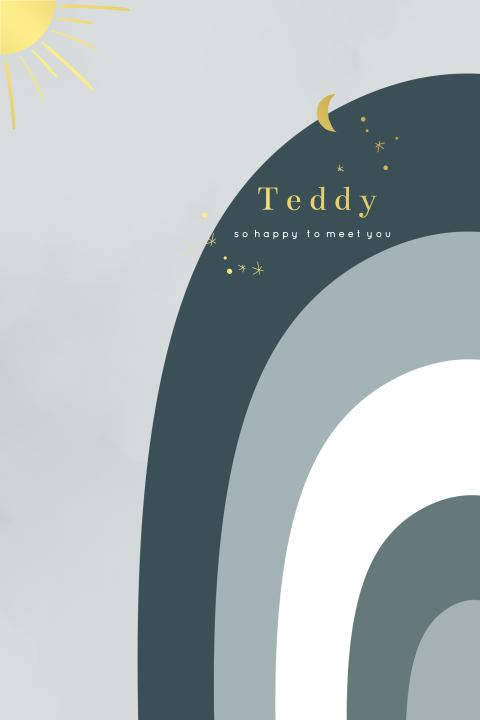 Geboortekaartje jongen met regenboog blauw en goudfolie