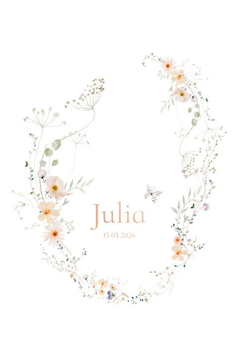 Geboortekaartje meisje met bloemen een vlindertje en rosefolie