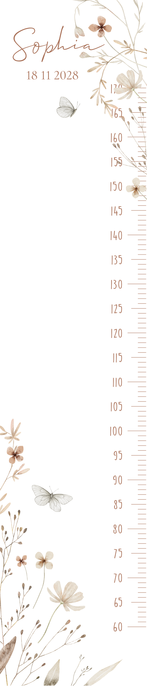 Groeimeter voor een meisje met zomerse bloemen en vlindertjes