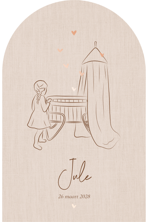 Geboortekaartje meisje met lijntekening zusje en wiegje hartjes folie
