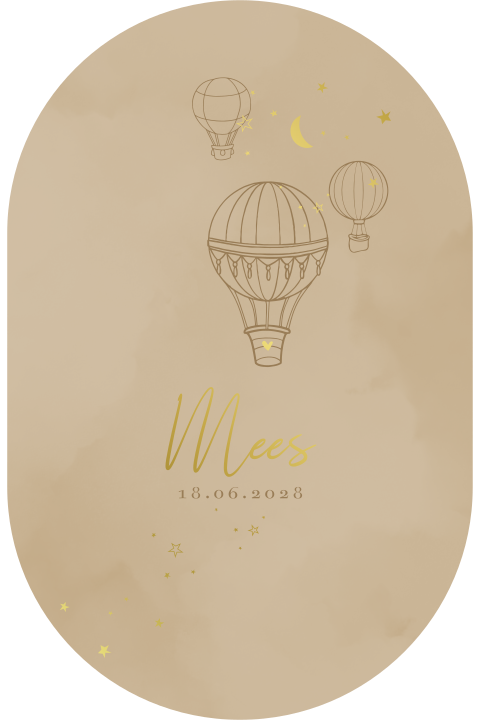 Vrolijk geboortekaartje jongen met luchtballon en goudfolie maan