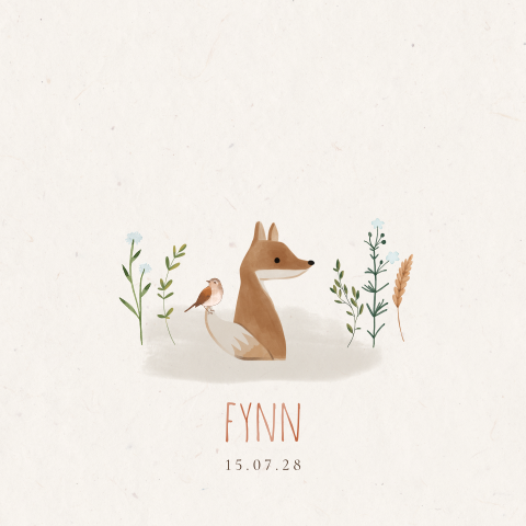 Geboortekaartje jongen met vosje en vogel hoogglans folie