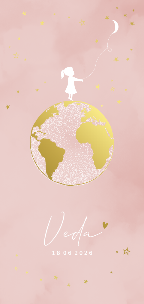 Geboortekaartje meisje roze folie wereldbol silhouet slinger maan