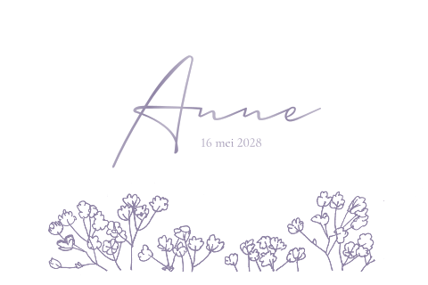 geboortekaartje meisje met bloemen en hoogglansfolie in lila