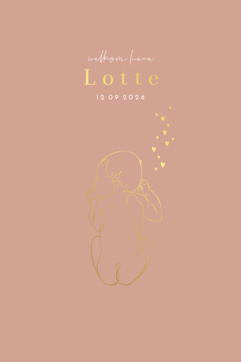 Velvet geboortekaartje met goudfolie baby lijntekening voor een meisje