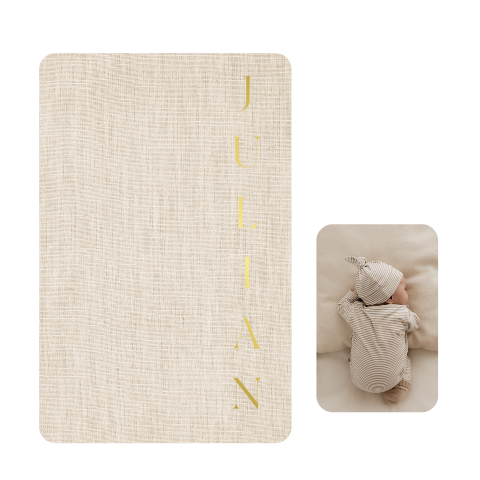 Geboortekaartje jongen met linnen en goudfolie en een losse babyfoto