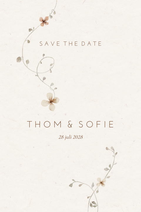 Save the Date kaart met bloemen neutrale klassieke uitstraling
