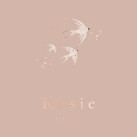 Geboortekaartje meisje met vogels en luxe rose foliedruk