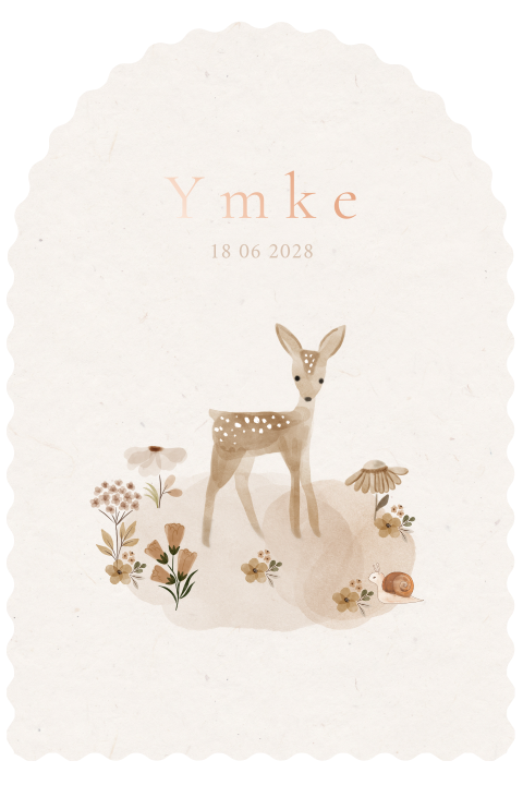 Geboortekaartje meisje met hertje , bloemen en rosefolie