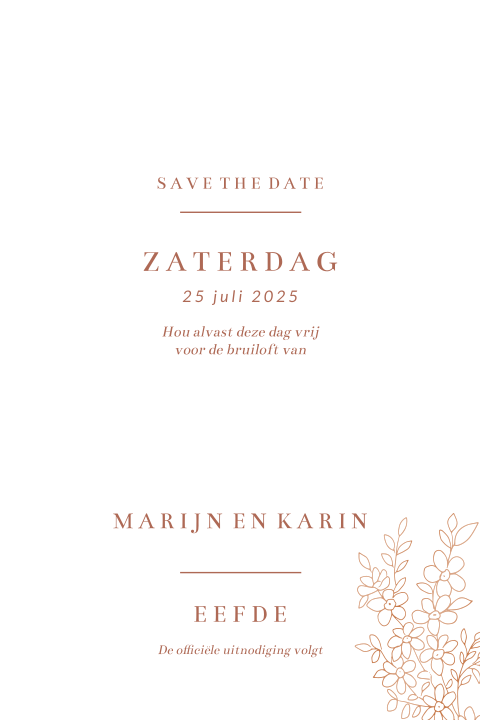 Luxe Save the date kaart met koperfolie bloemen