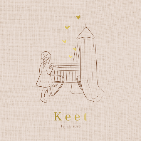 Geboortekaartje meisje met lijntekening zusje en wiegje en goudfolie