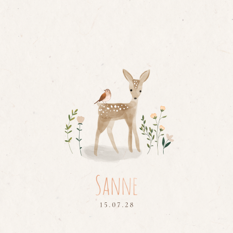 Geboortekaartje meisje bosdieren hertje en rosefolie