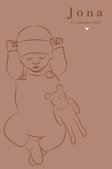 Geboortekaartje jongen met lijntekening baby met knuffel