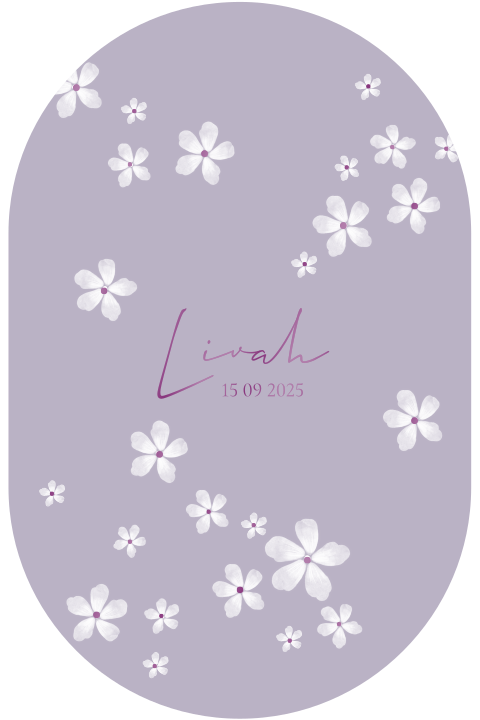 Lila geboortekaartje meisje stans met bloemen en goudfolie