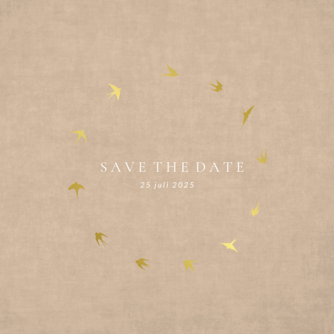 Originele Save the Date kaart met goudfolie en zwaluwen