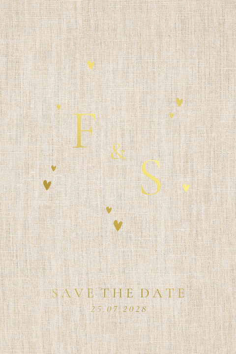Klassieke Save the Date uitnodiging voor jullie bruiloft met goudfolie en linnen