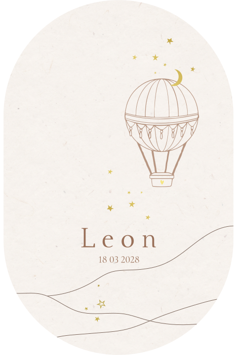 Stoer geboortekaartje jongen met luchtballon en goudfolie