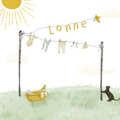 Geboortekaartje waslijn met babykleertjes