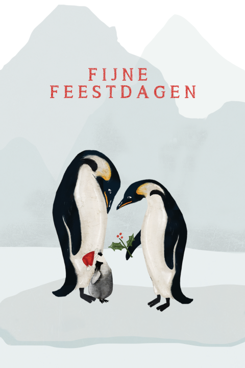 Kerstkaartje met pinguin familie en kerstmuts