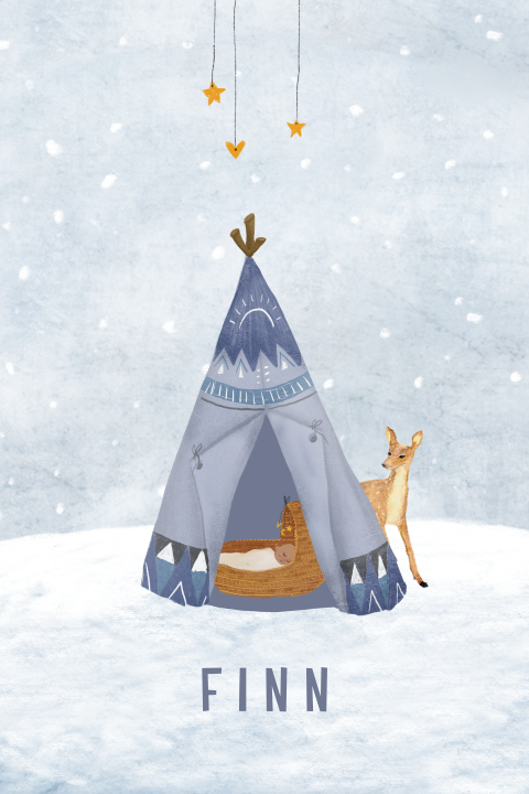 Geboortekaartje in de sneeuw met baby in een tipi en hertje