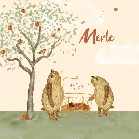 Geboortekaartje tekening beren familie appelboom