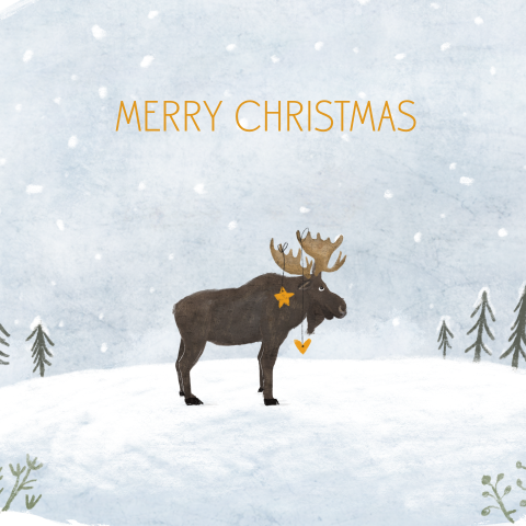 Grappig kerstkaartje met een eland in de sneeuw