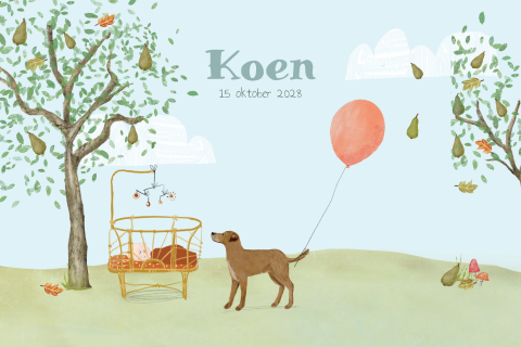Geboortekaartje met hond bij wiegje onder perenboom
