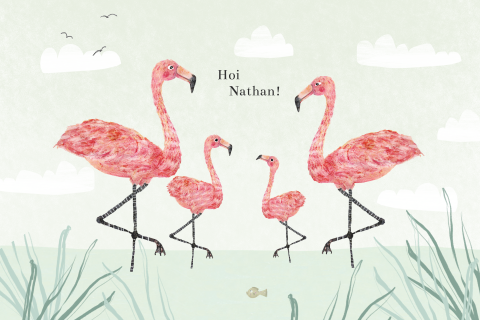 Getekend geboortekaartje flamingo familie water