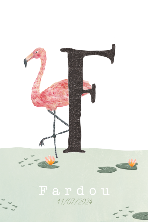 Geboortekaartje met flamingo in het water en de initiaal F