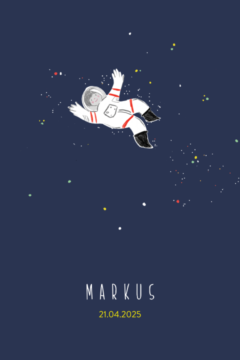 Stoere geboortekaart met een astronaut in de ruimte