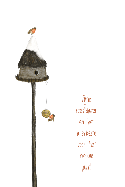 Kerstkaartje met een vogelhuisje in de sneeuw en roodborstjes